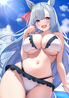 1girls belly blue_hair breasts female herohero_(higashi_no_dou) large_breasts long_hair looking_at_viewer mejiro_ardan_(umamusume) open_mouth purple_eyes umamusume