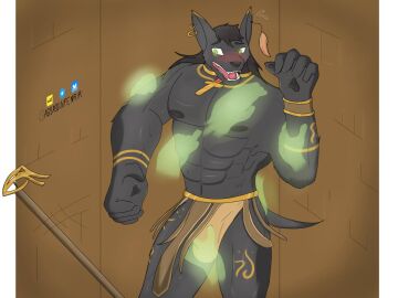 abs ankh anthro anubian_jackal assassinfenrir black_body black_fur black_hair blush bottomwear bracelet bulge canid canine canis clothing digital_media_(artwork) disembodied_hand ear_piercing egyptian egyptian_clothing feathers fur ghost_hands glowing glowing_eyes gold_(metal) gold_jewelry green_eyes grope groping_crotch groping_pecs hair hi_res jackal jewelry loincloth magic_user male mammal muscular muscular_anthro muscular_male necromancer pawpads pecs piercing questionable_consent scepter shaded solo solo_anthro