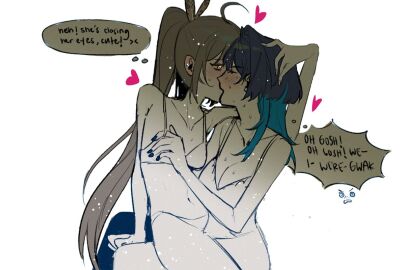 2girls female highres hololive hololive_english hololive_english_-council- hololive_english_-promise- kissing nanashi_mumei ouro_kronii text virtual_youtuber yuri