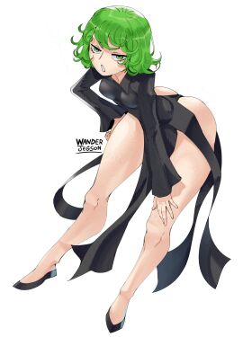 1girls absurdres artist_name ass bare_legs bent_over black_dress black_shoes bottom_heavy breasts curly_hair dress female flipped_hair full_body green_eyes green_hair half-closed_eyes hand_on_own_hip hand_on_own_knee hand_on_own_leg highres long_sleeves looking_at_viewer one-punch_man parted_lips pear_shaped_figure pelvic_curtain shoes short_hair simple_background small_breasts solo tatsumaki thighs twitter_username wanderjegson white_background