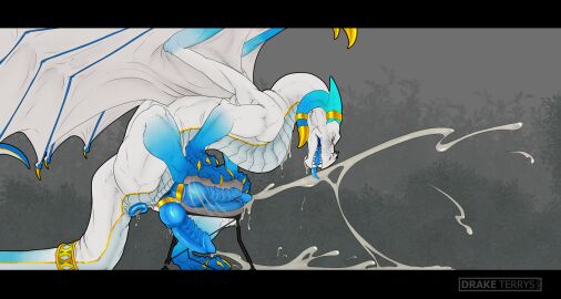 2_penises accessory anus ass big_penis blue_butt blue_horn blue_knot blue_pawpads blue_penis blue_tongue bodily_fluids breaking_toy breeding_mount breeding_mount_use claws cock_ring cum cum_in_ass cum_inside digital_media_(artwork) diphallia diphallism dragon drake1dragon ejaculation erection excessive_cum excessive_genital_fluids feral furgonomics genital_fluids genitals gold_claws hi_res horn jewelry knot knotted_penis leomir male male_penetrating membrane_(anatomy) membranous_wings multi_genitalia multi_penis mythological_creature mythological_scalie mythology nude open_mouth pawpads penetrable_sex_toy penetration penis penis_accessory penis_jewelry puffy_anus ribbed_penis scales scalie sex_toy simple_background solo tail tail_accessory tail_jewelry tongue tongue_out white_body white_scales wings