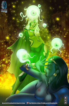 2girls alien alien_girl alien_humanoid artist_logo artist_name blonde_female blood_on_face blood_on_mouth breasts breasts_out bruise bruised bruised_breast dc dc_comics drooling earrings emerald_empress emerald_eye eyeball female glowing_eyes green_eyes legion_of_superheroes monster one_tit_out patreon patreon_logo patreon_url patreon_username possession shadow_lass slime theblackpharaoh thick_thighs thighs tiara torn_clothes web_address