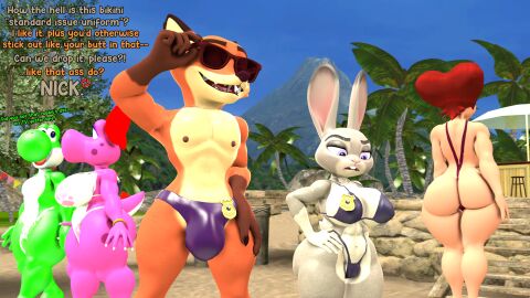 3d anthro ass beach big_ass big_breasts big_butt bikini birdetta birdo bracelet breasts bulge canid canine clothing crossover curvy_figure daemont92 dialogue dinosaur disney eastern_and_western_character eyewear female fox goof_troop group hand_holding hi_res jewelry judy_hopps lagomorph leporid looking_down male male/female mammal mario_(series) mature_female nick_wilde nintendo one-piece_swimsuit peg_pete police_badge rabbit reptile scalie side_boob sling_bikini source_filmmaker speedo sunglasses swimwear thick_thighs voluptuous wide_hips yoshi zootopia
