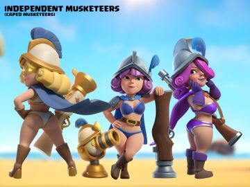 3girls ai_generated alternate_version_available beach bikini blue_bikini clash_(series) clash_royale edit edited evolution_musketeer_(clash_royale) female female_focus female_only gold_bikini hero_musketeer_(clash_royale) musketeer_(clash_royale) posing posing_for_the_viewer purple_bikini summer weapon white_bikini