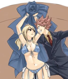 1boy 1girls bikini bikini_bottom blonde-haired_female blonde_hair fairy_tail female femsub lucy_heartfilia male maledom natsu_dragneel pink-haired_male pink_hair tagme