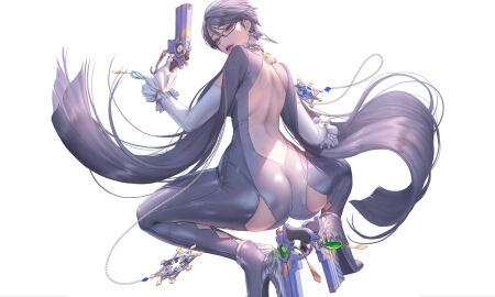 ass ass_focus back_view bayonetta bayonetta_(character) bayonetta_2 black_hair earrings female glasses gloves love_cacao short_hair squatting