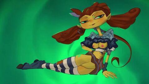 breasts brown_hair female frazie_aquato pussy stockings yellow_skin