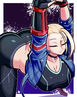 absurdres arms_up ass ass_crack asymmetrical_gloves black_sports_bra blonde_hair blue_jacket bracelet breasts butt_crack cammy_stretch cammy_white cammy_white_(street_fighter_6) choker cleavage closed_eyes cropped_jacket facial_scar female gloves highres jacket jewelry large_breasts meme pants pendant_choker scar scar_on_cheek scar_on_face short_hair simple_background solo sports_bra street_fighter street_fighter_6 stretching tight_clothes tight_pants vkid