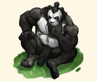 2023 absurd_res anthro balls bear beard belly biceps big_penis black_penis deltoids facial_hair feet foreskin genitals giant_panda grass hair hair_bun hand_on_chin hand_on_knee hand_on_leg hi_res knee_up male male_only mammal masculine_male moustache musclegut muscular navel nude pecs penis plant protonano simple_background sitting slightly_chubby solo thinking triceps uncircumcised white_background