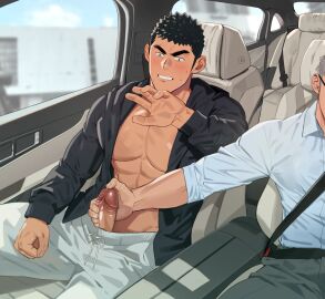 2boys abs bara bare_breasts big_glans big_penis black_eyes black_hair blush breasts building car car_interior car_seat clenched_teeth dangerous driving duo erection eyebrow_scar foreskin foreskin_folds frenulum frown gay glansjob grey_hair hand_in_pants hand_up handjob hi_res holding_penis hoodie huge_cock indoors looking_at_penis looking_down male male/male male_only mature_male morning muscles muscular muscular_male open_clothes original original_character passenger_seat pecs penis penis_out red_glans retracted_foreskin rolled_up_sleeves sanpaku seatbelt short_hair sitting sitting_in_car six_pack sky small_pupils spiky_hair sunlight sweat sweatdrop thick_eyebrows thick_penis uncensored uncircumcised uncut veiny_penis wide_eyed wince window yaoi youchi123 zheng_yu