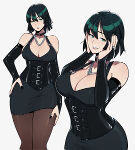1girls 2d 2d_(artwork) aneurysm.ax axiyo bare_shoulders big_breasts black_corset black_dress black_hair black_nails blunt_bangs breasts choker cleavage corset dress elbow_gloves esper eyebrows_hidden_by_hair female female_only fingernails fubuki_(one-punch_man) gloves goth green_eyes green_hair hair_between_eyes hand_on_own_hip hand_on_own_thigh hands_on_own_face heroine highres human human_female human_male human_only jewelry large_breasts light-skinned_female light_skin lips looking_at_viewer lower_lip_only male multiple_views necklace no_sex not_ai_generated o-ring o-ring_choker one-punch_man pale-skinned_female pale_skin pantyhose plunging_neckline short_hair simple_background skirt solo solo_female standing teeth upper_body white_background