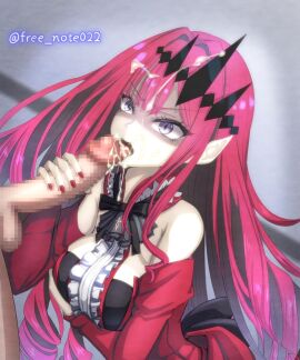 1boy arm_under_breasts baobhan_sith_(fate) baobhan_sith_(first_ascension)_(fate) bare_shoulders breasts censored cum cum_in_mouth cum_on_body detached_sleeves dress facial fangs fate/grand_order fate_(series) fellatio female free_note017 frilled_dress frills grey_eyes hair_ornament hand_up licking licking_penis male mosaic_censoring oral penis penis_grab pink_hair pointy_ears red_dress shaded_face sidelocks tongue tongue_out variant_set