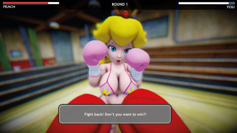 1boy 1girls 3d bikini blonde_hair boxing boxing_gloves crown dialogue earring female female_focus fight fighting gameplay_mechanics light-skinned_female light_skin lips male male_pov mario_(series) mixed_boxing mmd pink_bikini pink_boxing_gloves pov princess princess_peach red_boxing_gloves swimsuit text ultimabox