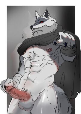 4_fingers abs anthro arm_wrapping arm_wraps balls bottomless canid canine canis cheek_tuft chest_tuft claws cloak clothed clothing death_(puss_in_boots) dreamworks erection facial_markings facial_tuft fingers foreskin fur fuzzy genitals glistening grin head_markings head_tuft hi_res humanoid_genitalia humanoid_penis looking_at_viewer male mammal markings mask_(marking) mostly_nude neck_tuft nipples penis puss_in_boots_(franchise) raised_arm reaching reaching_towards_viewer red_eyes retracted_foreskin simple_background siunamesiu666 smile solo standing tail touching_penis tuft uncircumcised vein veiny_penis white_body white_fur wolf wrapped_arms wraps