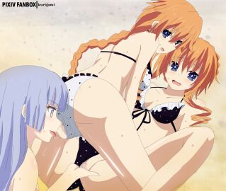3girls ass beach bikini breasts date_a_live female female_only fingering_pussy grey_eyes grey_hair izayoi_miku kurigami lesbian_sex licking_pussy light-skinned_female light_skin long_hair multiple_females multiple_girls orange_hair pussy thighs twins yamai_kaguya yamai_yuzuru yuri