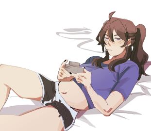 1girls bed bedroom bedroom_background bedroom_setting belly belly_button black_nail_polish black_nails black_panties blue_eyes blush blushing boobs breasts brown_hair cigarette cigarette_in_mouth cigarette_smoke class_of_'09 dark_nails dark_panties earring earrings female female_focus female_only juujjuli light-skinned_female light_skin long_hair nail_polish nails_painted nicole_(class_of_'09) pale-skinned_female pale_skin panties playing_videogame ponytail scar scars scars_on_arm self_harm_scars simple_background sleepwear small_breasts smoking smoking_cigarette stomach thighs trousers tummy white_background white_body white_skin