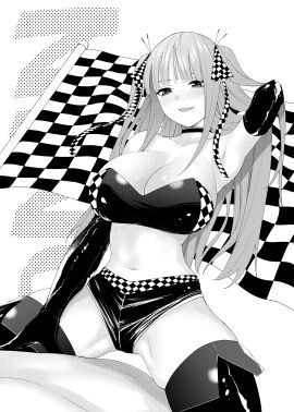 arm_behind_head armpits bandeau bare_belly belly_button big_breasts black_and_white black_gloves blush breasts choker cleavage collarbone elbow_gloves female gloves go-toubun_no_hanayome grin hair_ribbon hand_in_own_hair kosmos_beta legs_apart long_hair nakano_nino parted_lips race_queen short_shorts shorts thigh_boots thighs zettai_ryouiki
