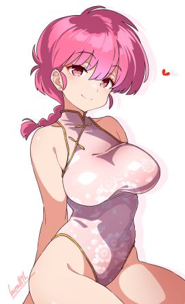 bare_arms bare_legs bare_shoulders bare_thighs batta_16-sei big_breasts blush braid breasts chinese_clothes closed_mouth collarbone earrings female floral_print leotard pink_eyes pink_hair pink_leotard ranma-chan ranma_1/2 ranma_saotome sleeveless_leotard smile thick_thighs thighs