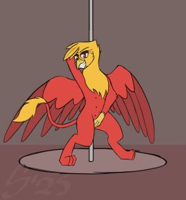 animated avian dancing female feral grin gryphon hi_res looking_at_viewer mythological_avian mythological_creature mythology pole pole_dancing smile smirk solo sombird spreading teats