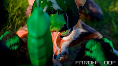 16:9 3d_(artwork) 4k absurd_res anthro balls big_penis black_body black_fur blender_(artwork) blender_cycles bodily_fluids cum cum_on_face digital_media_(artwork) duo faronfloof faronfloof_(character) fur genital_fluids genitals green_eyes green_hair green_markings green_penis hair hi_res hoodbrailen_(character) looking_at_viewer male male/male markings nature nature_background nose_to_balls orange_body orange_fur penis rexouium snapback_hat vrchat vrchat_model watermark widescreen