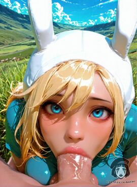 1boy 1girls adventure_time ai_generated ai_video alberist blonde_hair blue_eyes blue_shirt bouncing_breasts buttons close-up covered_nipples cum_in_mouth fake_animal_ears fellatio fionna_and_cake fionna_the_human_girl grass headwear hill huge_breasts large_breasts large_penis oral pov straight tagme thick thick_lips video wariza