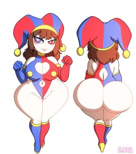 1girls ass big_ass big_breasts big_butt blue_eyes boob_window breasts brown_hair cleavage different_eye_color digital_circus female female_only glitch_productions heart-shaped_pupils jester_hat large_ass looking_at_viewer pomni pomni_(the_amazing_digital_circus) red_eyes shortstack the_amazing_digital_circus thick_ass thick_thighs thighs white_body white_skin wide_hips zaviel