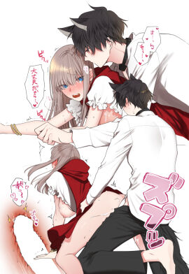 1boy animal_ears big_bad_wolf big_bad_wolf_(cosplay) black_hair blue_eyes breasts brown_hair cape censored commentary_request cosplay doggy_style fdn_fdo female hood hooded_cape large_breasts little_red_riding_hood little_red_riding_hood_(grimm) little_red_riding_hood_(grimm)_(cosplay) long_hair looking_at_another male original pussy sex shirt short_hair straight tail translation_request vaginal_penetration white_shirt wolf_boy wolf_ears wolf_tail