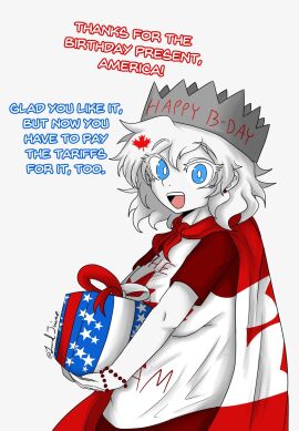 1girls big_breasts blue_eyes breasts canada canada_(egobuzz) canada_day cape countryhumans dialogue english_text female female_focus female_only fully_clothed funny holding_object lewd_juice looking_at_viewer maple_leaf meme present simple_background text white_body white_hair