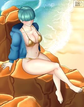 ally_(radiant_artist) ass background beach big_ass big_breasts big_butt big_thighs bikini blue_hoodie blush breasts female golden_bikini green_hair hair_over_eyes hoodie original original_character radiant_artist short_hair sitting