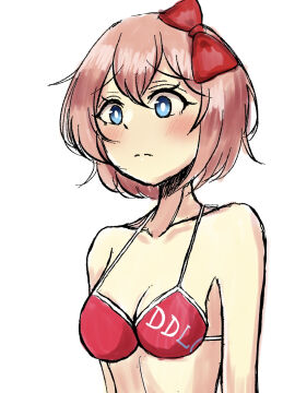 bare_shoulders blue_eyes blush bow breasts cleavage collarbone doki_doki_literature_club female hair_bow hairbow mhmundead miham_moni oham_yuri red_bow red_hair_bow red_hairbow sayori_(doki_doki_literature_club) strawberry_blonde_hair