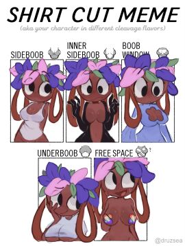 bandaids_on_nipples bassie_(dandy's_world) boob_window breasts dandy's_world female inner_sideboob kislix meme revealing_clothes shirt_cut_meme sideboob solo_female sweat template underboob