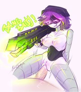 1boy 1girls 2d breasts cowgirl_position female female_focus glowing_eyes hornstarkitty improper_handing_of_a_firearm large_breasts male male/female mechanical murder_drones nude nude_female purple_hair pussy questionable_consent robot robot_girl robot_humanoid sex solid_color_background straight uzi_(murder_drones) vaginal vaginal_penetration vaginal_sex white_background