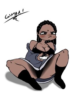 1girls angry bare_shoulders big_lips big_sleeves black_crop_top black_eyes black_panties black_socks black_sports_bra blue_hoodie bra controller crop_top dark-skinned_female dark_skin female focused forehead gacha_life gaming giygal hoodie joystick legs legs_apart legs_spread long_hair oc on_floor oversized_clothes oversized_hoodie panties panties_peek playing_videogame puffy_lips puffy_sleeves rochelle_(giygal) simple_background sitting sitting_down sitting_on_floor socks solid_color_background sports_bra square_eyes squint thick_legs thick_thighs thighs thread threads white_background