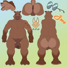 3_toes accessory anthro anus ass backsack balls ballsack big_balls brown_body brown_fur capybara caviid cock_ring eyewear feet foot_fetish fur genitals glasses gradient_background hi_res humanoid_genitalia humanoid_penis jewelry male mammal model_sheet nude penis penis_accessory penis_jewelry rodent shinyfoxguy simple_background slightly_chubby soles solo tattoo toes