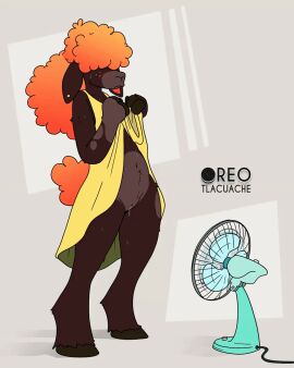 animated anthro blush bodily_fluids bovid bovine brown_body caprine clothed clothing fangs female fur genitals hair hi_res horn mammal orange_hair oreo_tlacuache pussy sheep simple_background solo tail teeth thick_thighs vaginal_penetration vulva