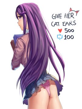 1girls allybun69 ass blue_skirt doki_doki_literature_club english_text female female_focus heart_icon long_hair panties pink_panties purple_eyes purple_hair retweet_icon skirt strip_game text upskirt yuri_(doki_doki_literature_club)