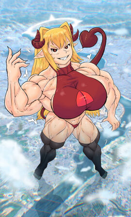 abs barefoot blonde_hair city city_crushing digital_media_(artwork) evil_smile flexing flexing_bicep giantess huge_breasts long_hair macro_female muscular_arms muscular_female muscular_thighs pointy_ears pointy_teeth raranana smug smug_grin sophia_(pectoriah) succubus succubus_horns succubus_tail thick_ass thong