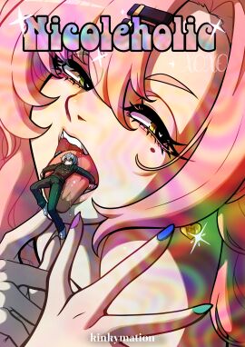 1boy 1girls big_breasts breasts comic_cover earrings english_text female giantess green_eyes heart-shaped_pupils height_difference hi_res kinkymation large_breasts larger_female male micro_male mihoyo mouth_play nicole_demara open_mouth pink_hair seductive smaller_male text tongue tongue_out vore wise_(zenless_zone_zero) zenless_zone_zero