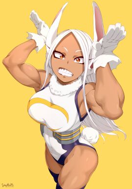 bodysuit boku_no_hero_academia brown_eyes bunny_ears dark-skinned_female dark_skin female fit fit_female gloves light-skinned_female light_skin looking_at_viewer mirko miruko muscles muscular muscular_female my_hero_academia rabbit_ears rumi_usagiyama simple_background stayaliveplz teeth teeth_showing white_hair yellow_background