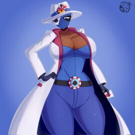 blue_clothing brawl_stars breasts cleavage cleavage_overflow clothed clothed_female coat cowboy_hat dark-skinned_female dark_skin female hourglass_figure hourglass_figured_female large_breasts long_coat looking_at_viewer mask masked masked_female misfortune_tara_(brawl_stars) poker_cards poker_chip solo solo_female supercell tara_(brawl_stars) thick_thighs tr_yithaz white_coat white_hat wide_hips
