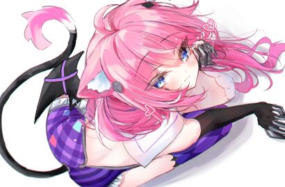 :3 ahoge animal_ear_fluff animal_ears bangs black_gloves black_wings blue_eyes blush breasts camila_(vtuber) cat_ears cat_girl cat_tail closed_mouth demon demon_wings elbow_gloves female frilled_skirt frills gloves heart indie_virtual_youtuber long_hair looking_at_viewer lying marking_below_eyes medium_breasts on_stomach pink_hair purple_skirt simple_background skirt smile solo succubus tail virtual_youtuber white_background wings
