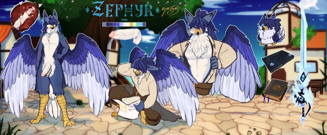 alternate_version_at_source anthro avian beak bird blue_body blue_eyes blue_feathers blue_fur blue_hair clothed clothed_male clothing collar collar_only feathered_wings feathers fur genitals grimoire hair hi_res humanoid hybrid male male_penetrating multicolored_body multicolored_fur nude nude_anthro nude_male penetration solo spread_wings text towers_of_infinity weapon wings x-ray_view yootak zephyr_azore