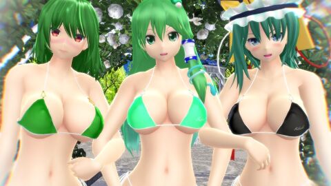 2023 3d 3girls belly_button bikini bikini_top black_bikini blue_eyes blush cleavage eiki_shiki female frog_hair_ornament garden green-haired_female green_bikini green_eyes hat hati_yukkuri_mmd headwear human light-skinned_female light_skin long-haired_female looking_at_viewer mmd mountain_of_faith outdoors outside phantasmagoria_of_flower_view red_eyes sanae_kochiya short-haired_female snake_ornament swimsuit touhou trio_focus white_flower yama youkai yuka_kazami