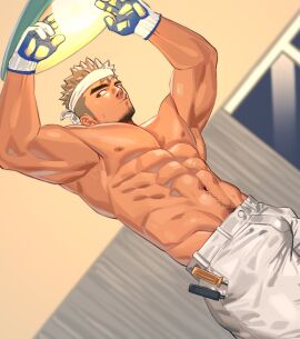 1boy abs armpits bara bare_pectorals beard bulge facial_hair gay gay_male gloves grey_hair happy_trail headband large_pectorals male male_focus male_only muscular muscular_arms muscular_chest muscular_male nipples original original_character pants pecs pectorals pubic_hair short_hair solo solo_male standing sweat thick_eyebrows topless yaoi youchi123