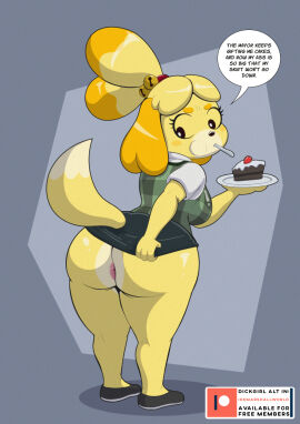 animal_crossing anthro anus ass barely_visible_anus bottomwear bottomwear_pull breasts cake cake_slice canid canine canis clothed clothing clothing_pull dessert dialogue domestic_dog female food hi_res huge_ass ike_marshall isabelle_(animal_crossing) mammal nintendo no_underwear raised_bottomwear raised_clothing raised_skirt skirt skirt_lift skirt_pull solo speech_bubble spoon_in_mouth thick_thighs
