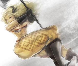 amazon_(dragon's_crown) armlet armor axe bikini bikini_armor blonde_hair boots breasts circlet dragon's_crown feathers female female_focus gloves halberd jewelry lips long_hair muscular muscular_female polearm solo swimsuit tattoo tetra_takamine thick_thighs thighs vanillaware weapon