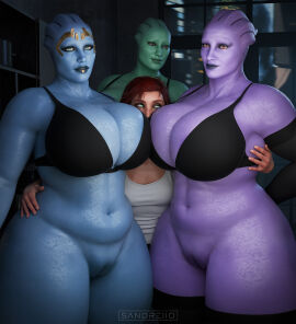 3d 4girls alien alien_girl artist_name asari big_breasts black_bra black_thighhighs blue_eyes blue_skin bottomless breasts chubby_female cleavage female female_only femshep freckles green_skin hand_on_another's_hip height_difference huge_breasts human imminent_yuri larger_female lesbian mass_effect navel purple_eyes purple_skin pussy red_eyes red_hair redhead sandreiio side_hug size_difference slightly_chubby surrounded_by_breasts taller_female thick_lips thick_thighs underwear voluptuous watermark wide_hips xenophilia yuri