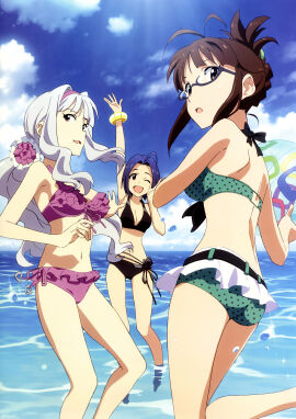 3girls absurd_res akizuki_ritsuko bikini bracelet breasts cleavage cloud day female folded_ponytail frilled_bikini frills glasses highres idolmaster idolmaster_(classic) jewelry medium_breasts miura_azusa multiple_females multiple_girls navel ocean official_art one_eye_closed open_mouth polka_dot polka_dot_bikini polka_dot_swimsuit scan shijou_takane sky smile swimsuit tanaka_yuusuke wink