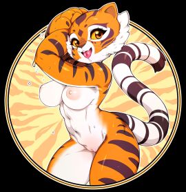 absurd_res amber_eyes anthro areola black_border blush bodily_fluids body_blush border breasts brown_markings brown_nose brown_stripes cheek_tuft countershade_legs countershade_torso countershading dreamworks eye_markings facial_markings facial_tuft fangs felid female fur genitals hand_on_head head_markings hi_res innie_pussy kung_fu_panda mammal markings master_tigress medium_breasts multicolored_body muzzle_(marking) navel nipples nude orange_body orange_fur outside_border pantherine patch_(marking) pattern_background pink_areola pink_nipples pinup portrait pose pussy pussy_blush saliva saliva_on_tongue simple_background slugbox solo striped_body striped_fur striped_markings striped_tail stripes sweat tail tail_markings teeth three-quarter_portrait tiger tongue tongue_out tuft whiskers white_body white_countershading white_fur white_markings yellow_sclera
