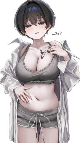 1girls big_breasts black_hair blue_eyes blush breasts calvin_klein cleavage clothes clothing female grey_bra grey_sports_bra grey_underwear gwan-e hand_on_stomach navel open_clothes open_shirt original original_character short_hair shorts solo solo_female sports_bra sportswear tattoo thighs tomboy tsukasa_karin very_short_hair watermark